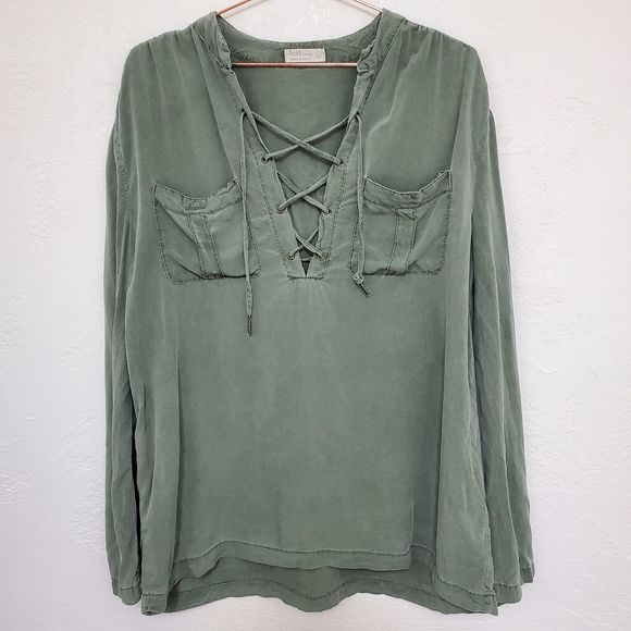 Just Living Tops - JUST LIVING | Green Boho Deep V neck Lace Up Large